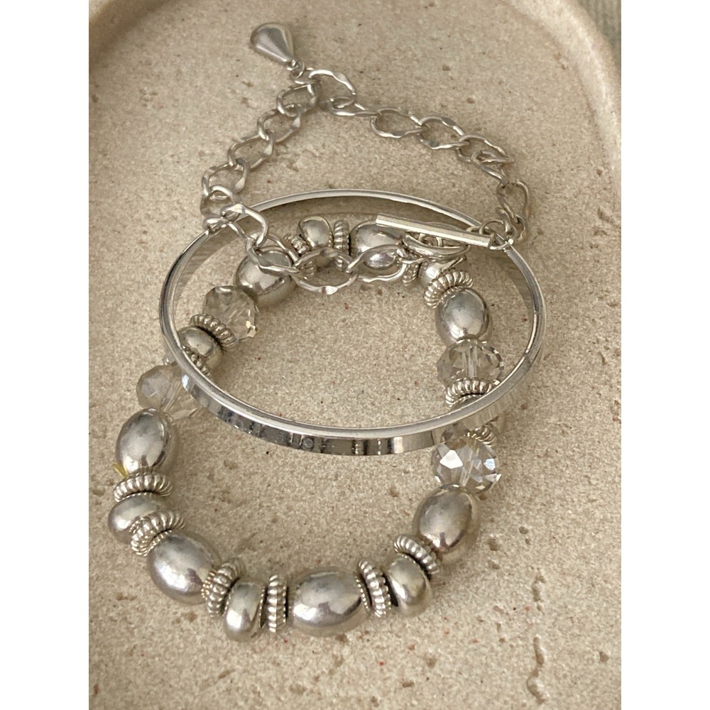 Glossy Silver Tone Bangle Bracelet Set Of 3 Rhinestone Beaded Chain Link Chunky